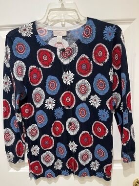 LOFT Navy Cardigan with Red, White & Light Blue Medallions
